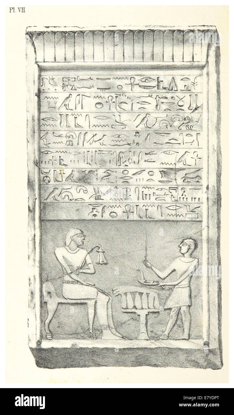 Cette illustration de 1851 par Smyth représente une stèle calcaire sous la forme d'une porte, probablement de l'Égypte ancienne, offrant un aperçu de l'art et de l'architecture anciens. Banque D'Images