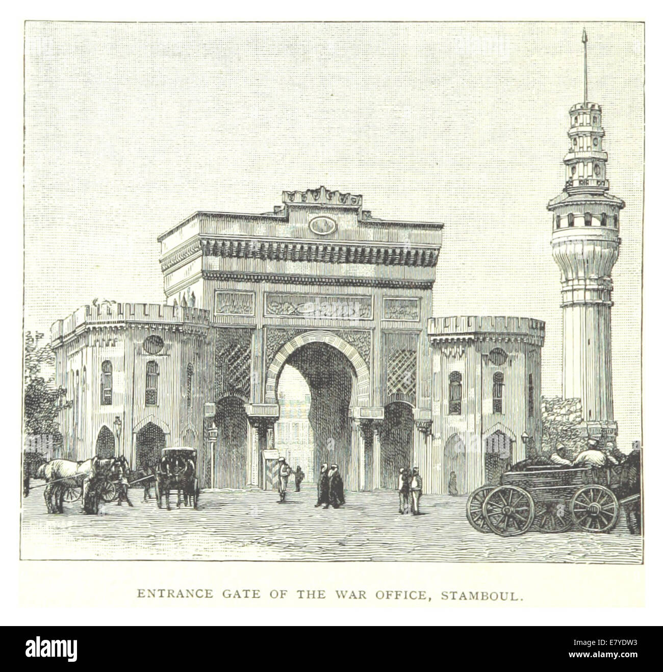 Cette illustration de 1895 de Spry représente la porte d'entrée du War Office à Stamboul (Istanbul moderne), mettant en valeur ses caractéristiques architecturales et son contexte historique au sein de l'Empire ottoman. Banque D'Images