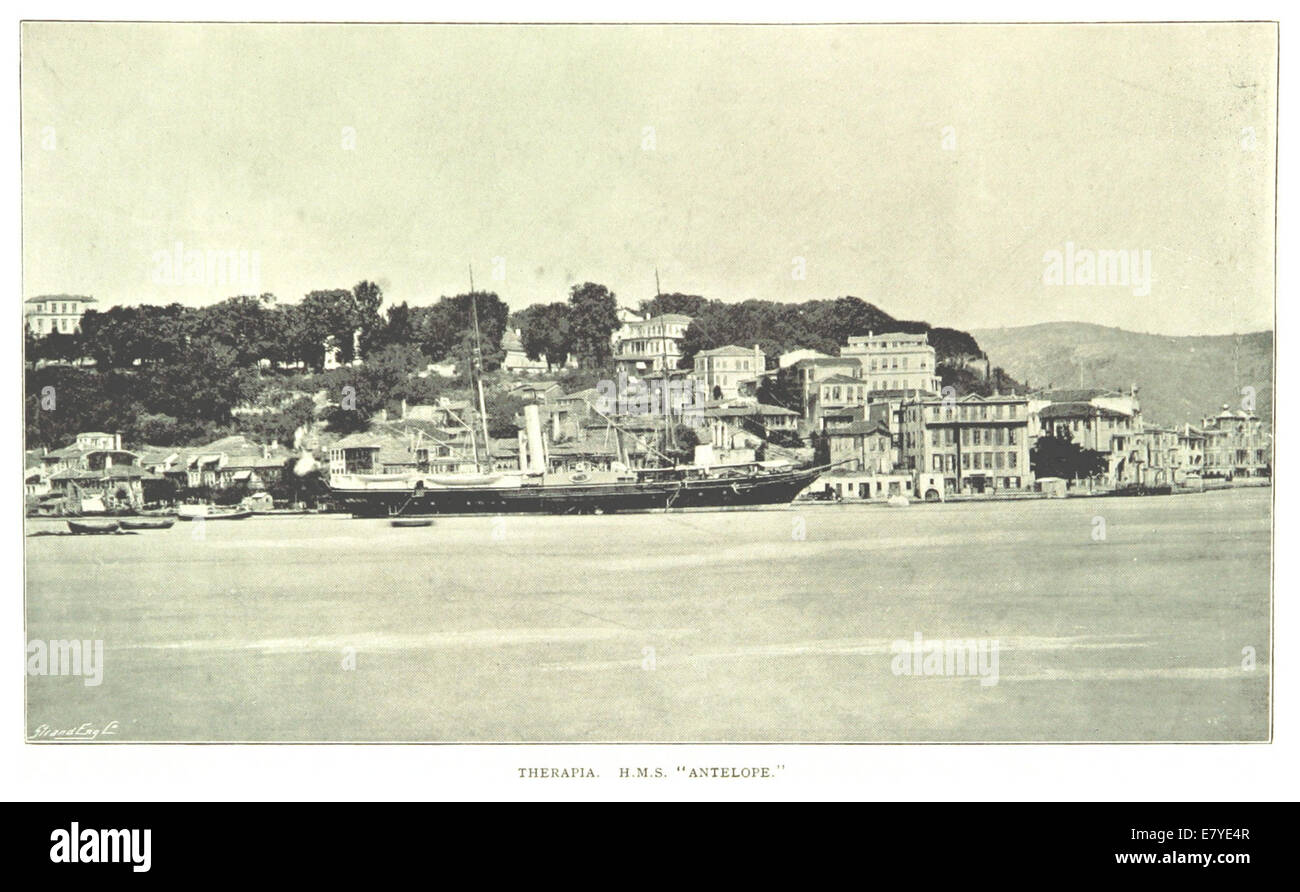 Cette illustration de 1895 de Spry représente H.M.S. Antelope, plus précisément dans la région de Therapia. Il comprend un croquis et une carte de la conception du navire et de son activité navale. Banque D'Images
