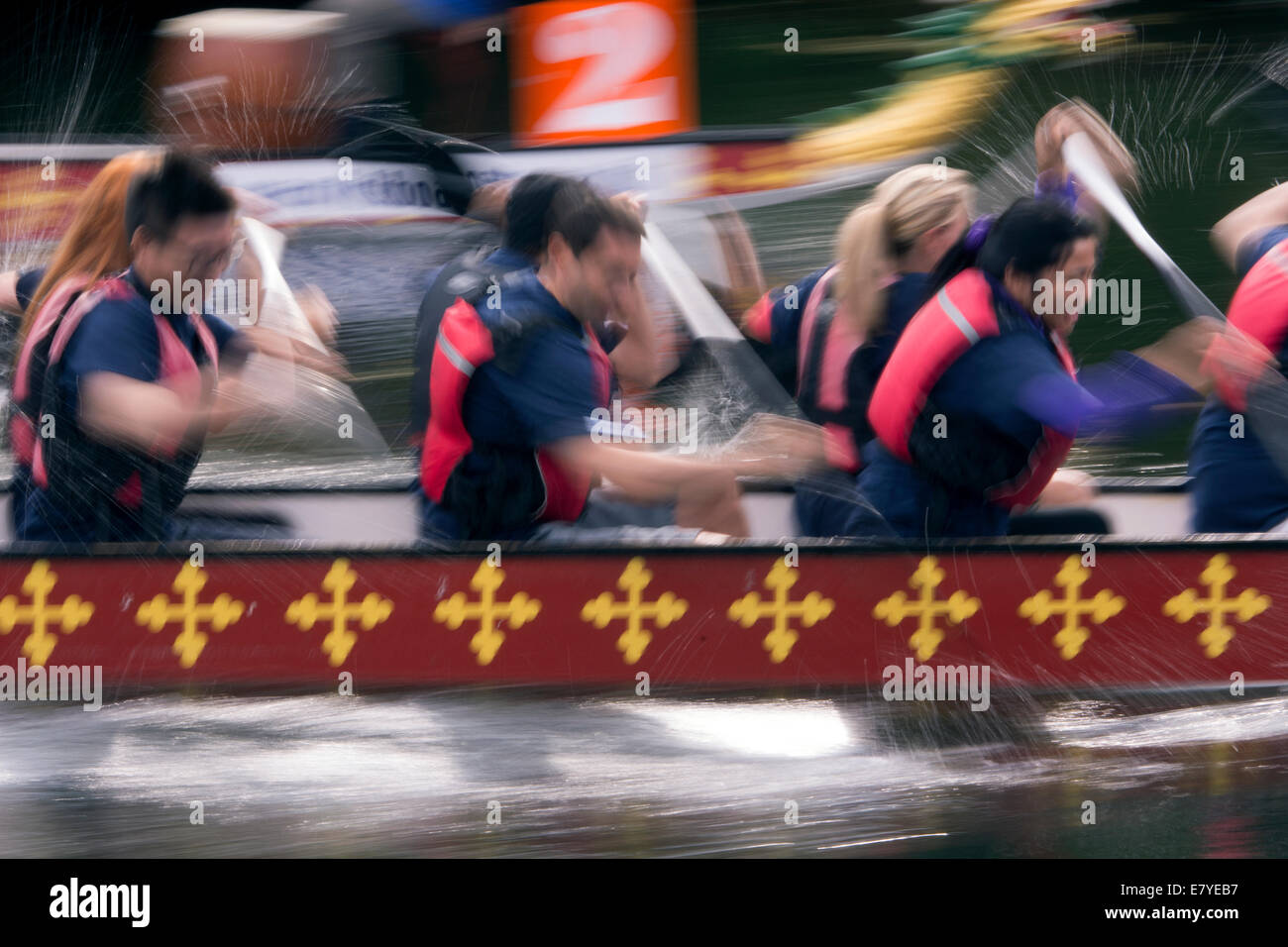 La course de bateaux-dragons, flou de vitesse, Avon, Warwick, Royaume-Uni Banque D'Images