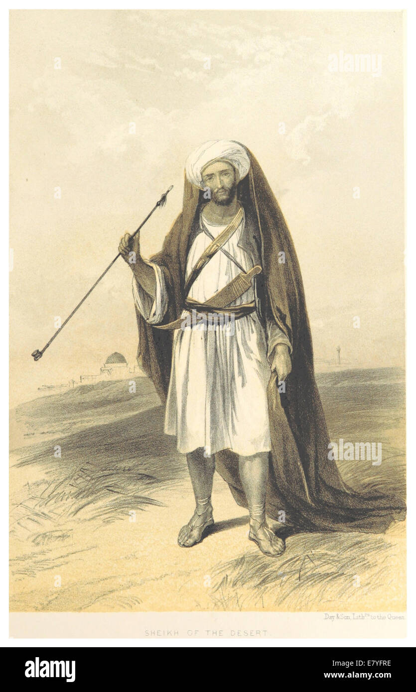 Cette illustration de Tobin de 1855 représente un cheikh dans le désert, capturant la tenue vestimentaire et le style de vie des dirigeants du moyen-Orient au XIXe siècle. L'image reflète les aspects culturels et géographiques de la vie désertique dans la région. Banque D'Images