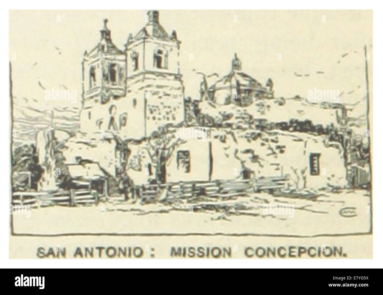 Une illustration de 1891 représentant Mission Concepción à San Antonio, Texas, une mission espagnole historique créée en 1731, réputée pour son architecture et ses fresques bien conservées. Banque D'Images