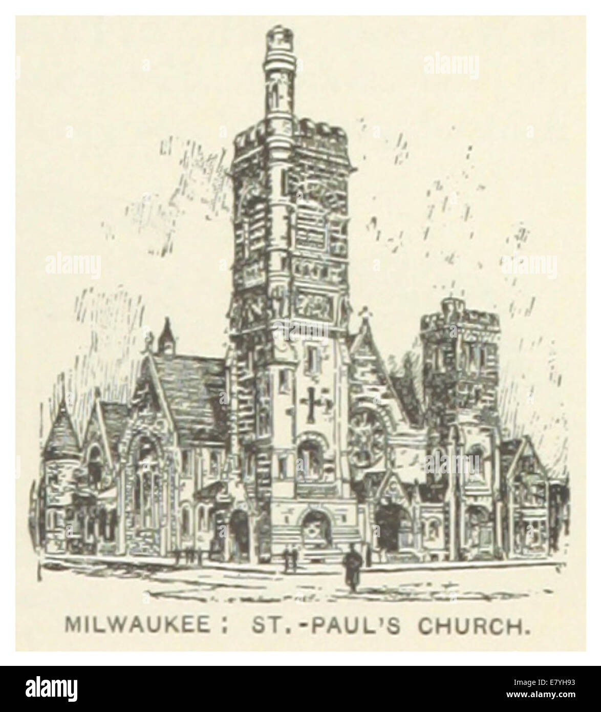 Cette illustration de 1891 montre l'église Paul de Milwaukee, Wisconsin, soulignant son architecture néo-gothique et son importance pour la communauté locale à la fin du XIXe siècle. Banque D'Images