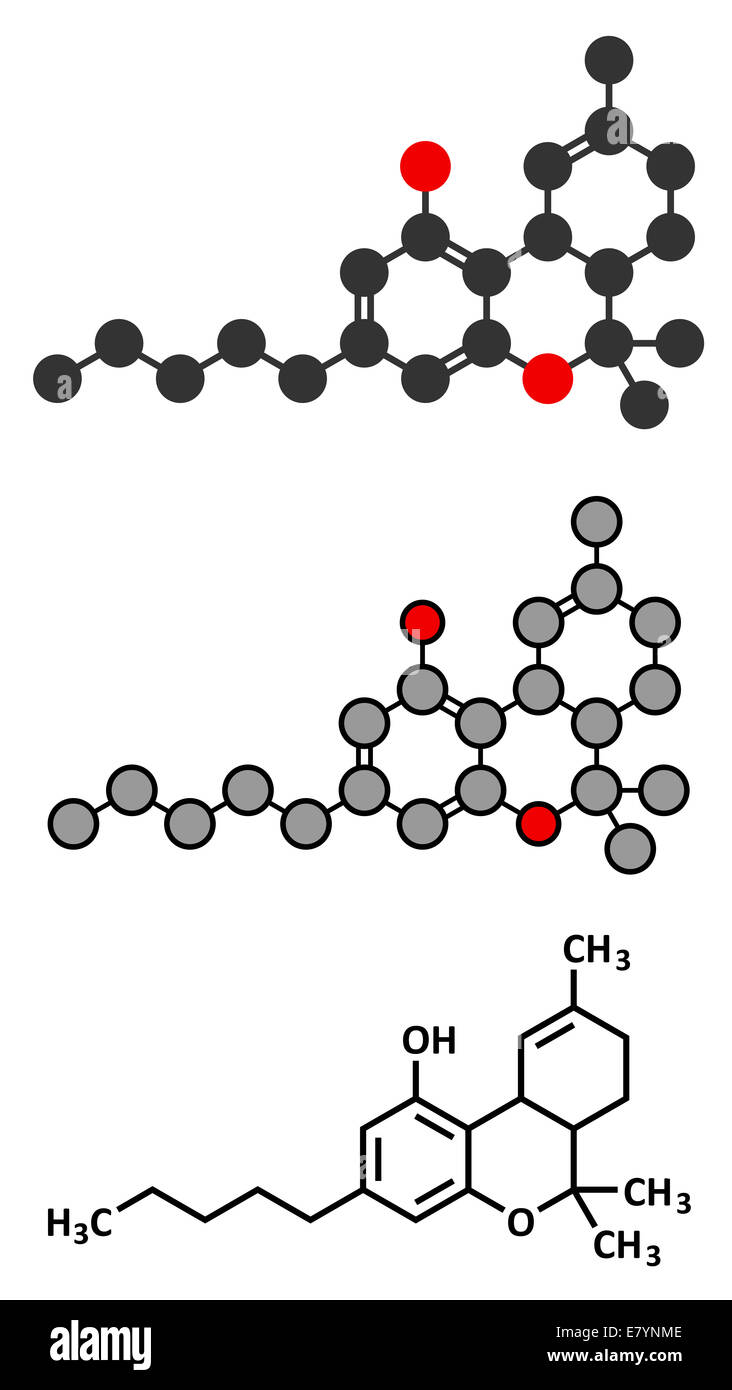Le THC (delta-9-tétrahydrocannabinol, le dronabinol) cannabis molécule pharmaceutique. Formule topologique classique et la représentation stylisée Banque D'Images