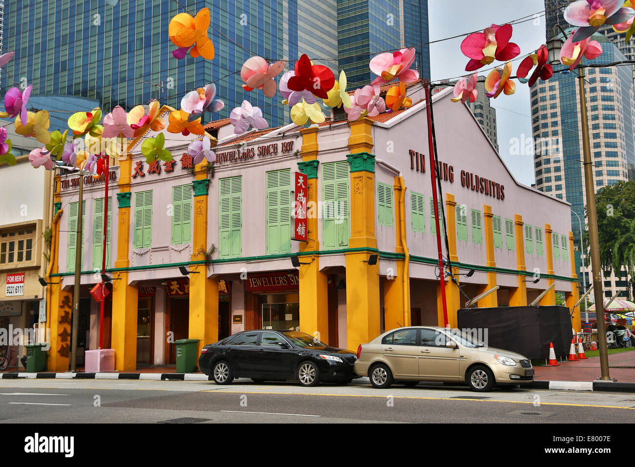 Feux de fleurs dans la rue dans le quartier chinois pour le Festival d'automne à Singapour, République de Singapour Banque D'Images