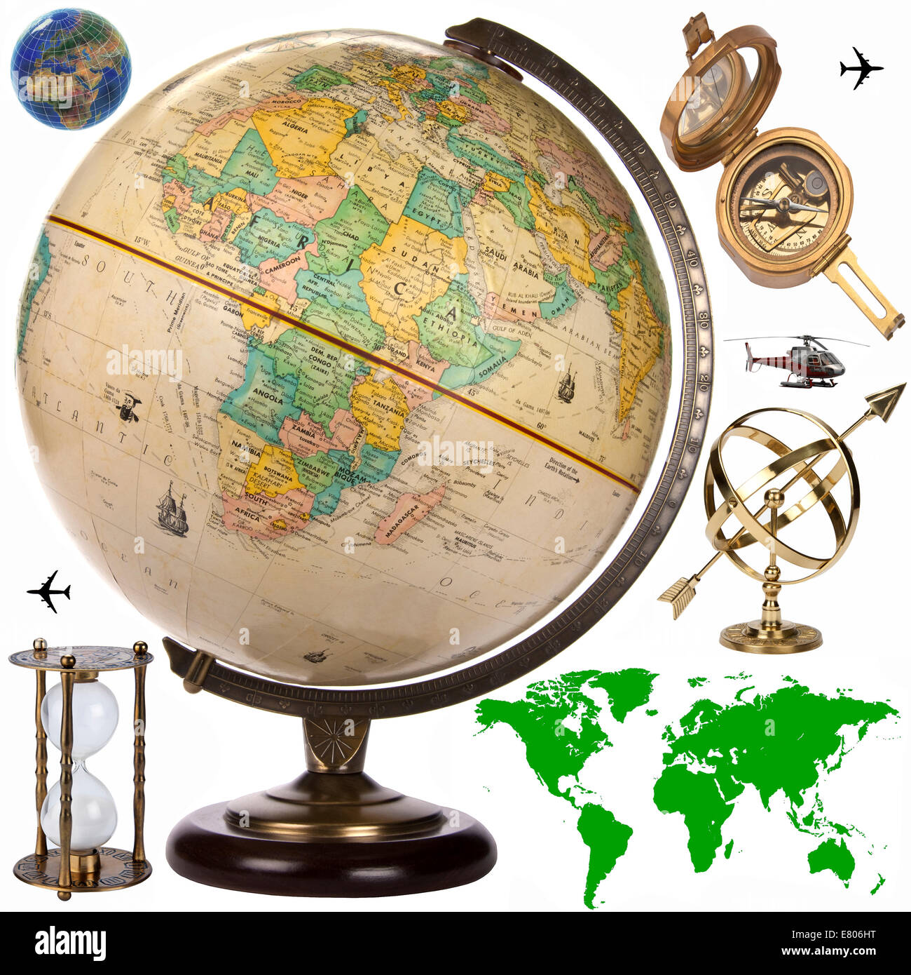 La carte, Globe et voyage d'objets de décoration Banque D'Images