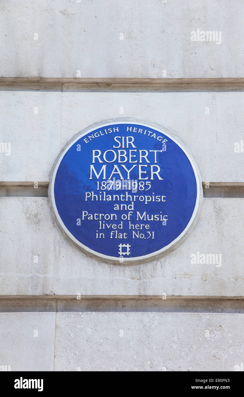 Plaques du patrimoine bleu - Maison de Sir Robert Mayer - philanthrope et mécène de la musique Banque D'Images
