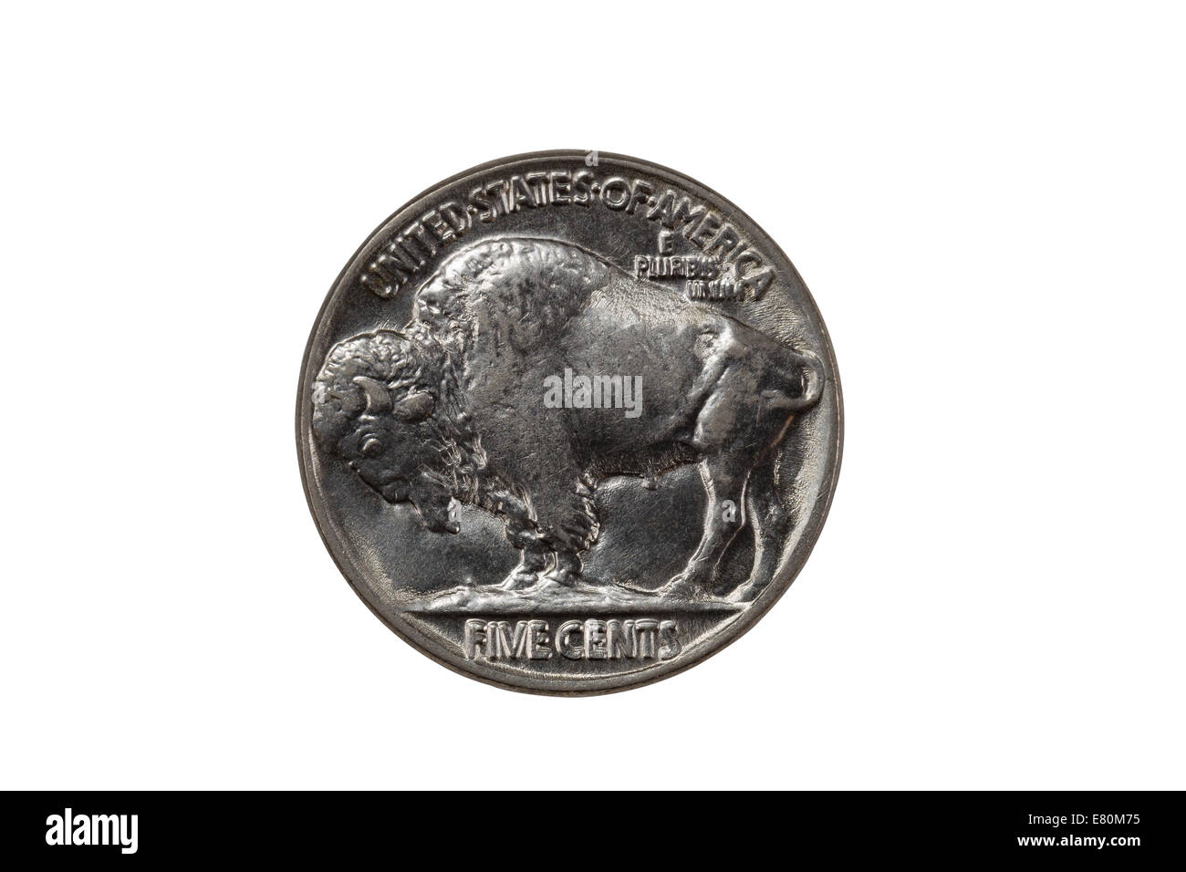 Libre de droit de pristine American Buffalo Nickel, verso, isolated on white Banque D'Images