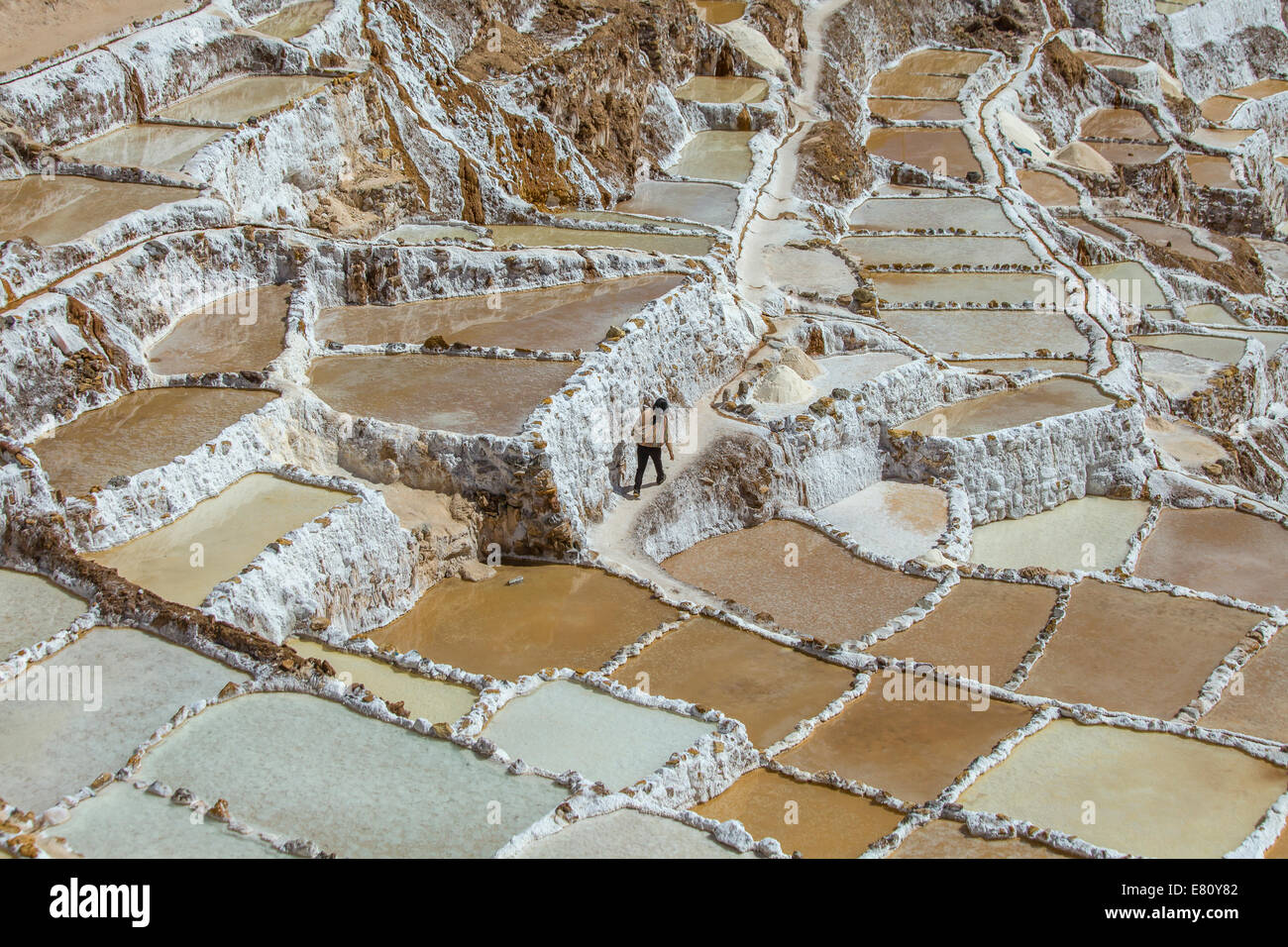 La marche des visiteurs entre les bassins d'eau salée dans les mines de sel de Maras, Banque D'Images
