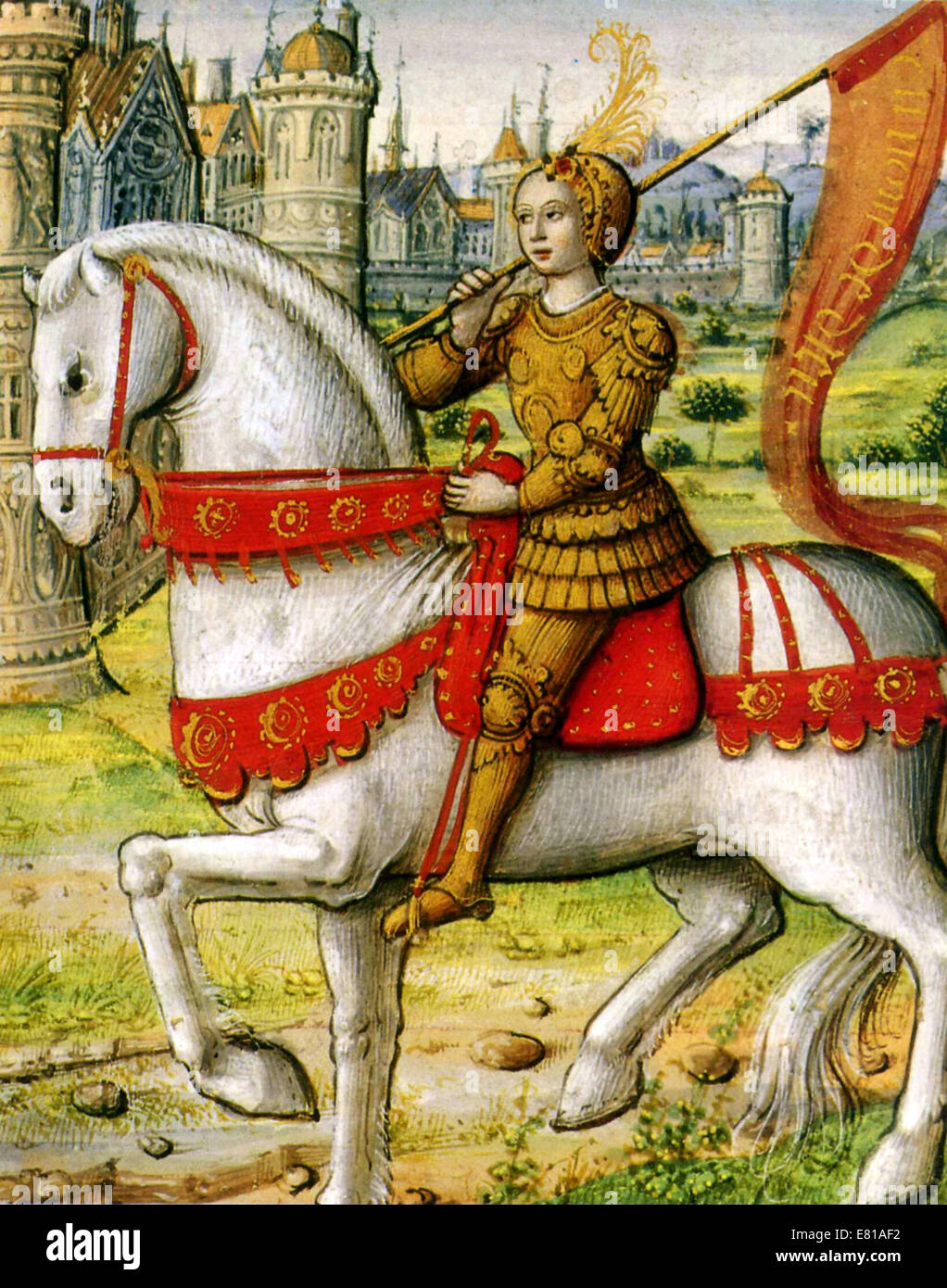 Joan of Arc représenté à cheval dans une illustration d'un manuscrit de 1505 Banque D'Images