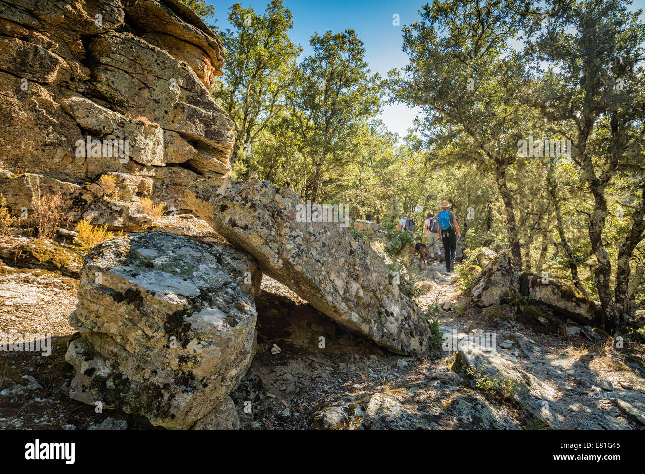 Les randonneurs passent de grosses pierres sur la Scala di Santa Regina sentier près de Corscia en Corse Banque D'Images