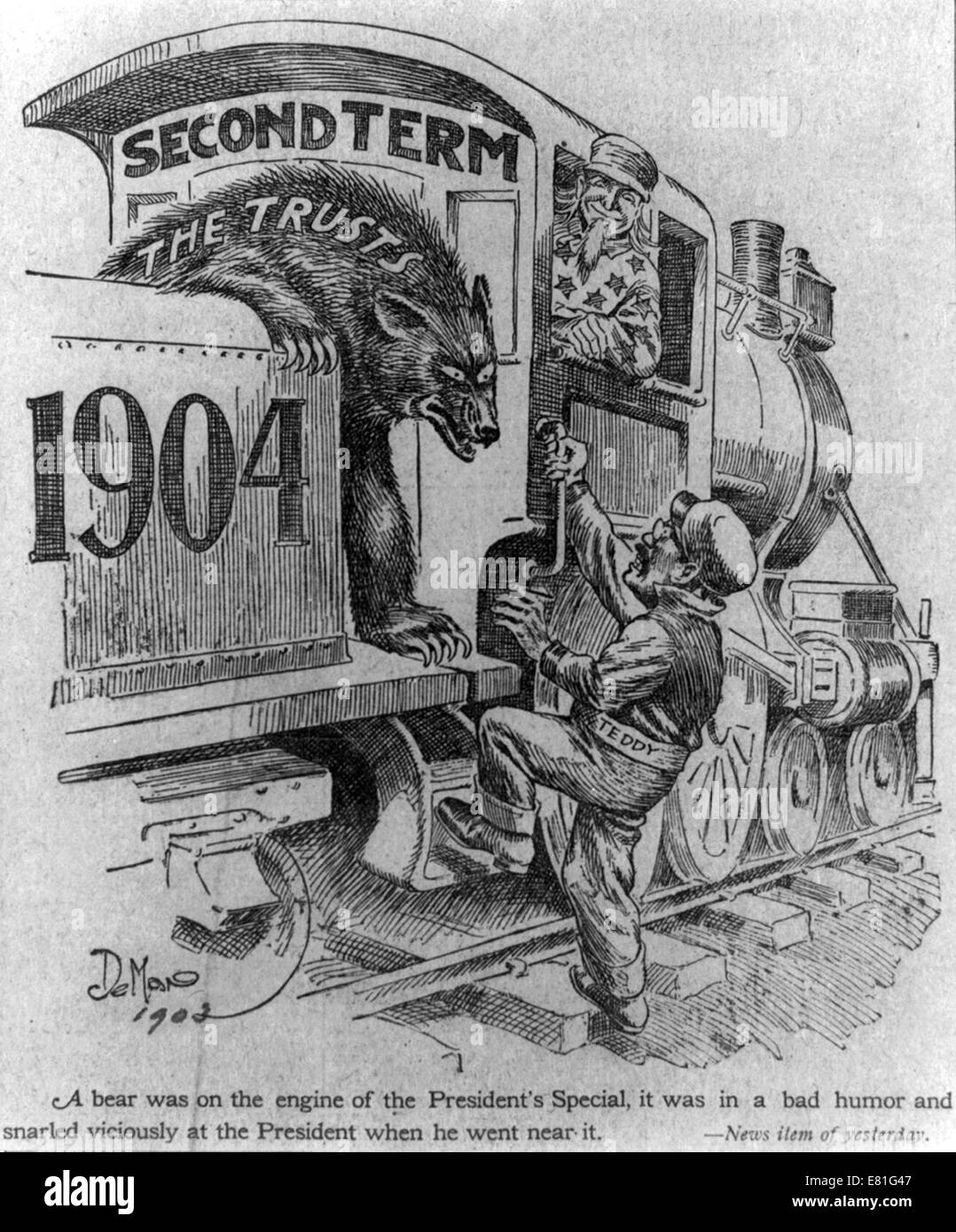 Caricature politique de Theodore Roosevelt, vêtu comme un pompier du train, locomotive, embarquement à bord d'un label "deuxième terme.' Banque D'Images
