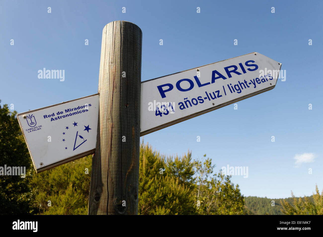 Panneau pointant vers l'étoile polaire, du point de vue astronomique, La Palma, Canary Islands, Spain Banque D'Images