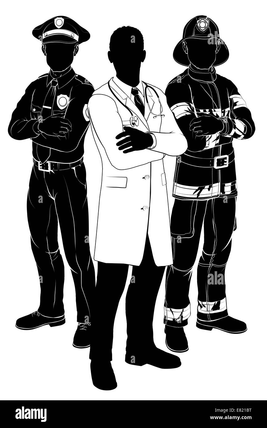 L'équipe des services de sauvetage d'urgence des silhouettes d'un policier ou un agent de police, un pompier ou un pompier et un médecin Banque D'Images L'équipe des services de sauvetage d'urgence des silhouettes d'un policier ou un agent de police, un pompier ou un pompier et un médecin Banque D'Images
