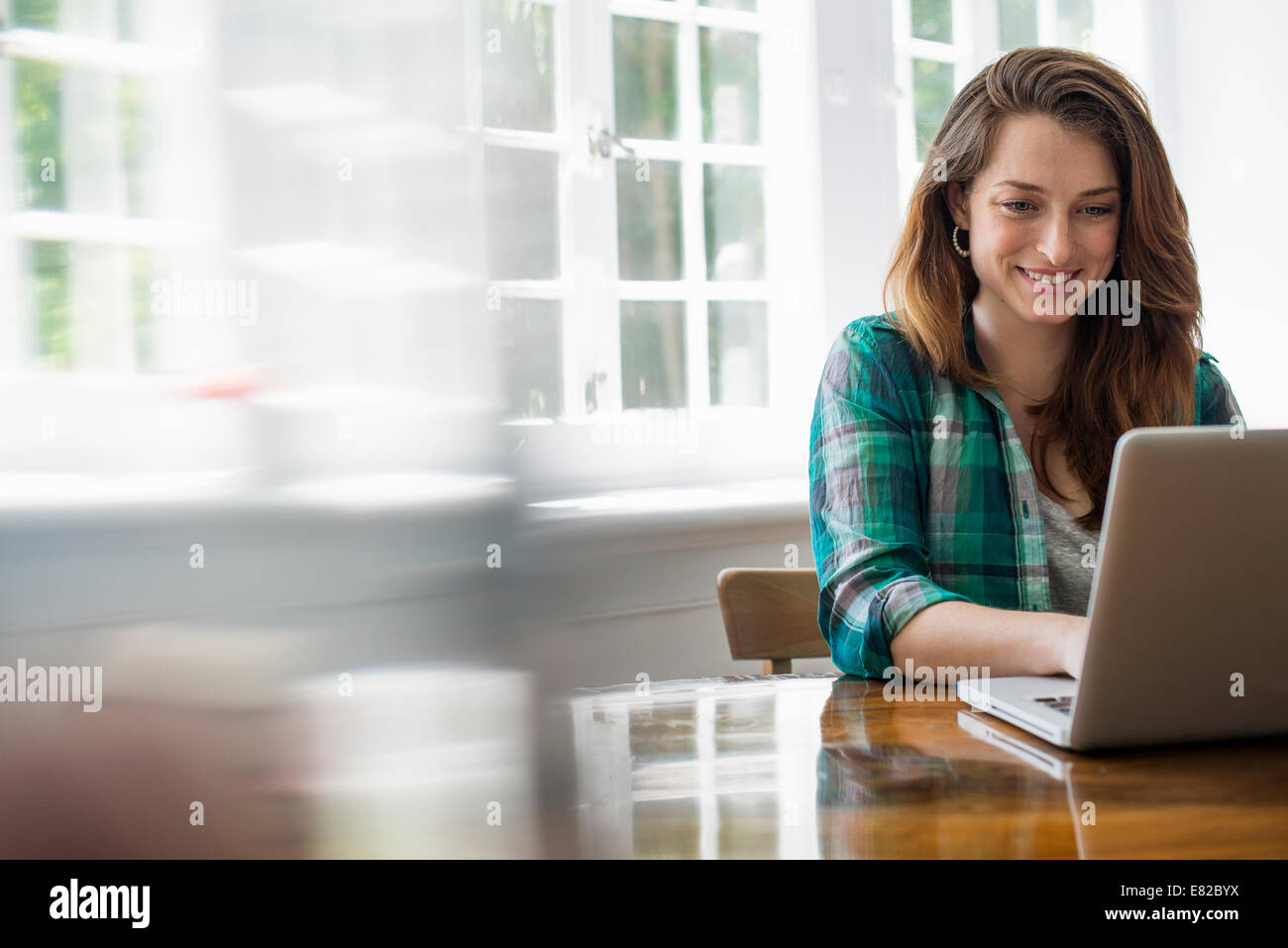 Smiling woman with laptop in home office. Banque D'Images