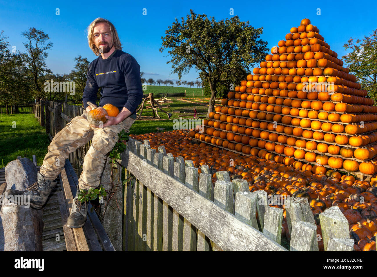 M. Pipka, un fermier heureux après avoir récolté des citrouilles de la région de Vysočina. Bohême de l'est, République tchèque Banque D'Images