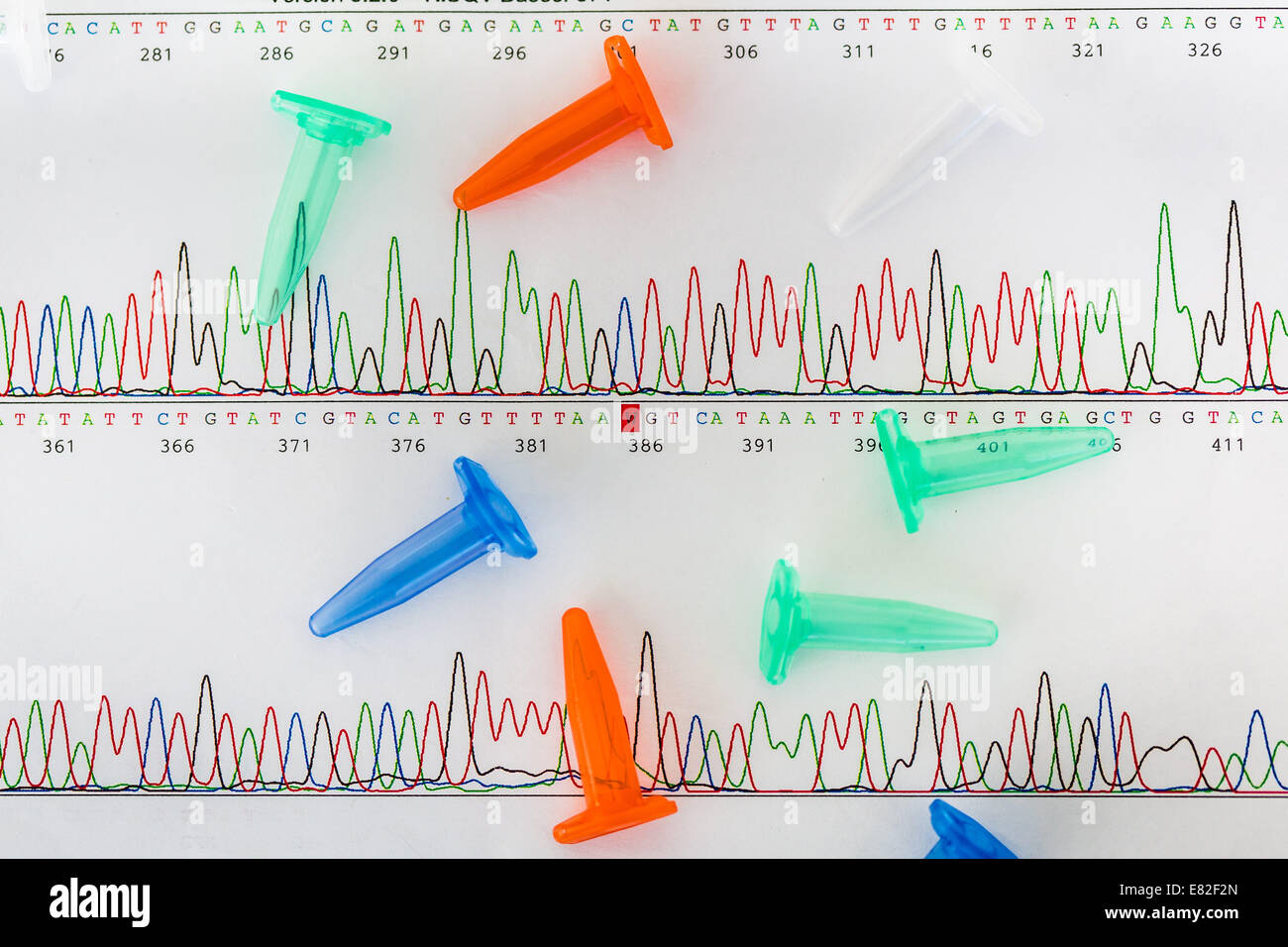 Tubes Eppendorf sur des graphiques montrant les résultats d'ADN (acide désoxyribonucléique) l'ordonnancement. Banque D'Images