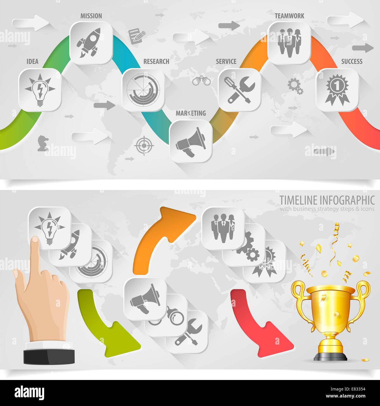 Chronologie d'infographie avec boutons, icônes, du papier et de la main. Template Banque D'Images