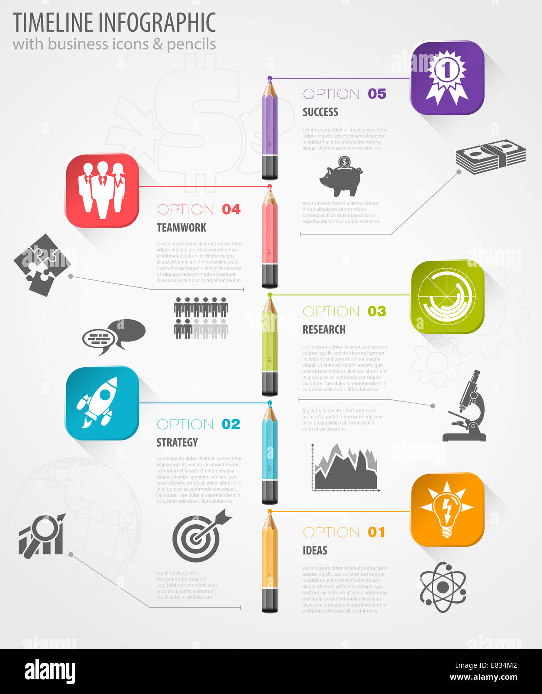 Chronologie d'infographie avec des crayons, des icônes et le nombre d'options. Template Banque D'Images