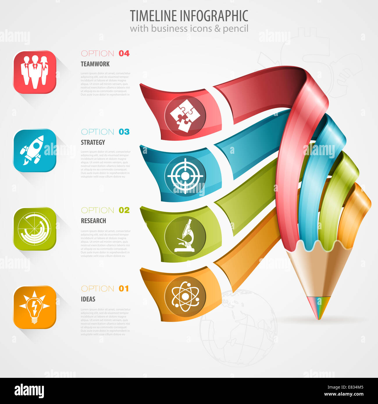 Chronologie d'infographie avec crayon, icônes et le nombre d'options. Template Banque D'Images