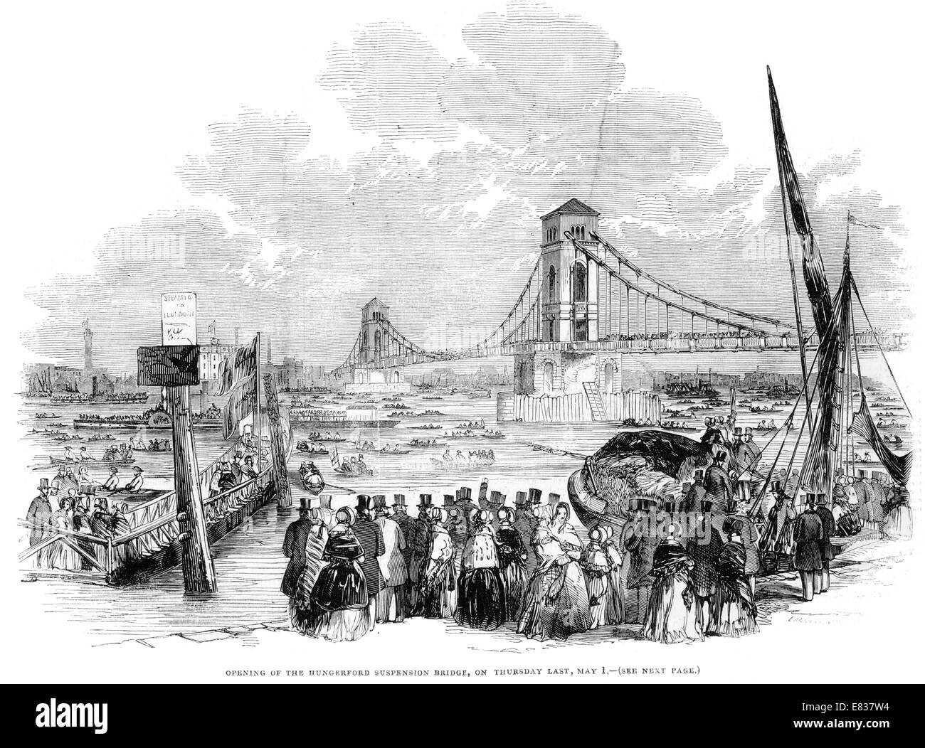 Ouverture de la suspension du pont passerelle Hungerford, 1er mai 1844 Tamise Londres Banque D'Images