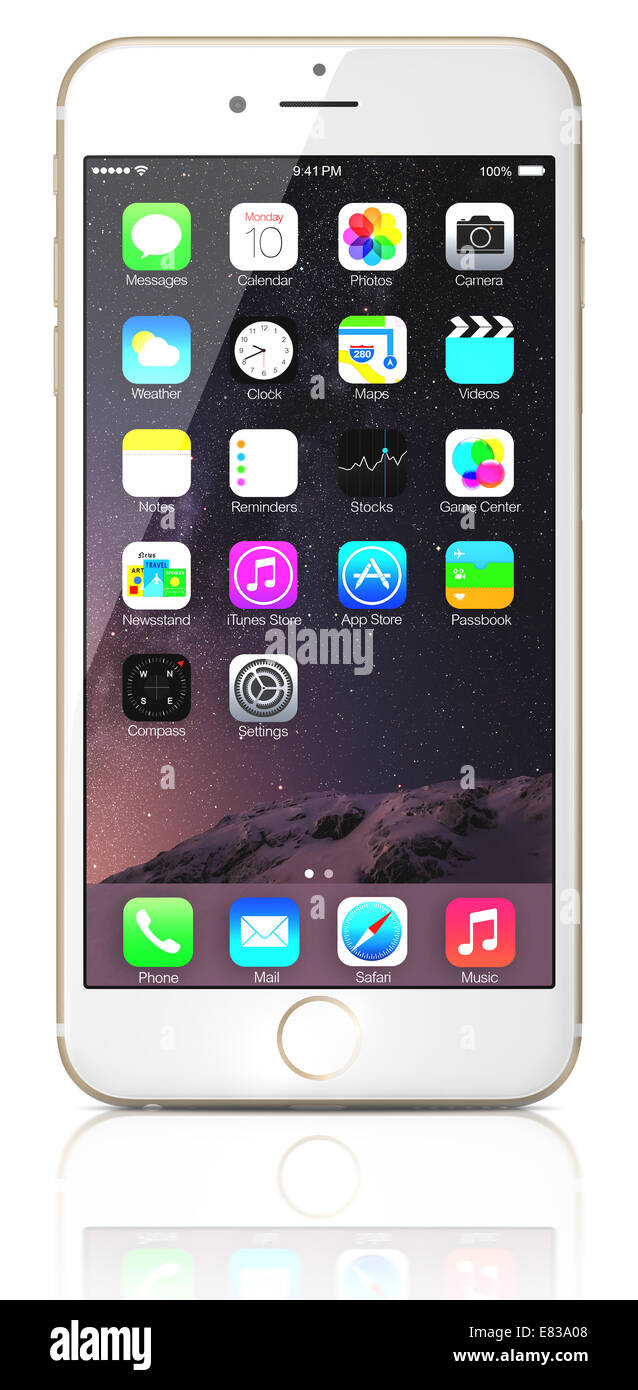 Or Apple iPhone 6 Plus montrant l'écran d'accueil avec iOS 8. Banque D'Images