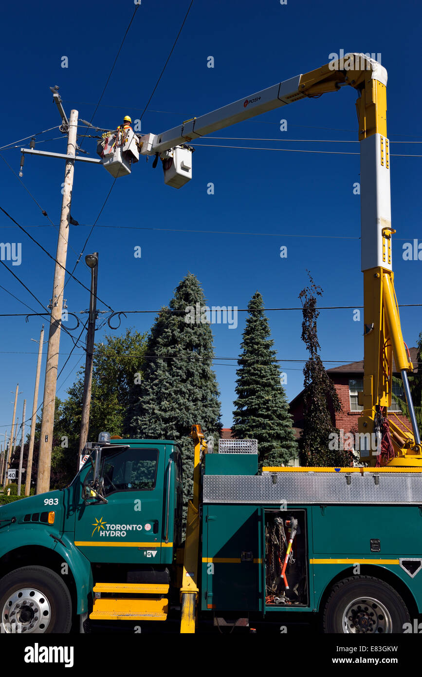 Poseur de travailleur Hydro met des nouvelles lignes électriques aériennes en banlieue de Toronto contre le ciel bleu Banque D'Images
