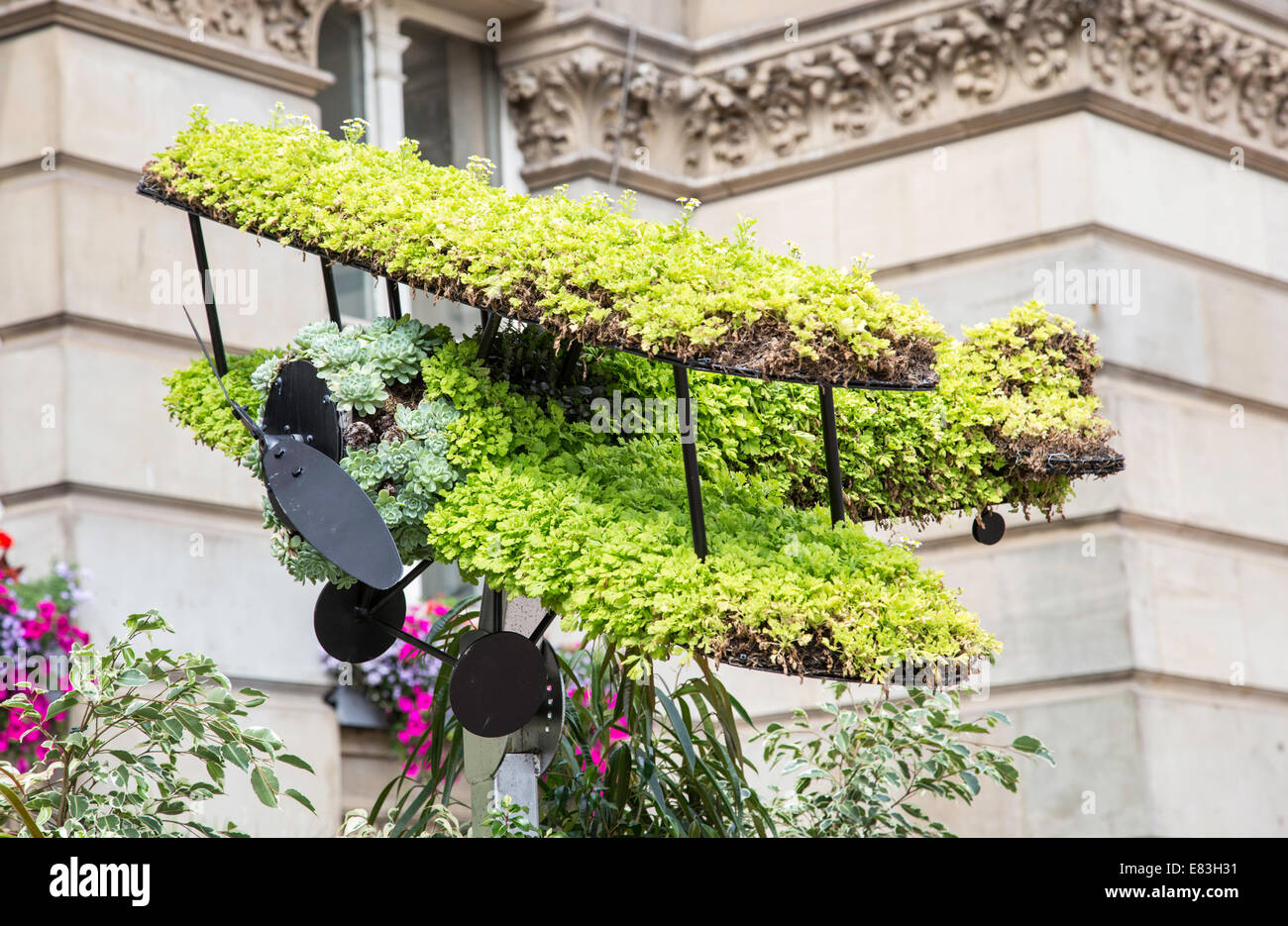 Les loisirs d'un biplan de la Première Guerre mondiale avec des fleurs à Birmingham en 2014, se rappelant 100 ans, England, UK Banque D'Images