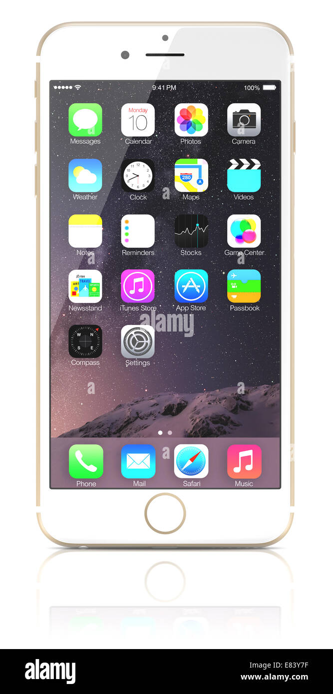Or Apple iPhone 6 Plus montrant l'écran d'accueil avec iOS 8. Banque D'Images