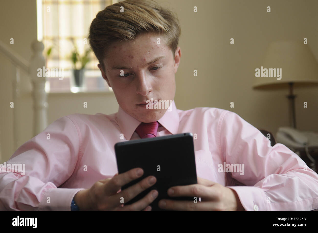 Teenage Boy en utilisant un Apple ipad Mini Banque D'Images