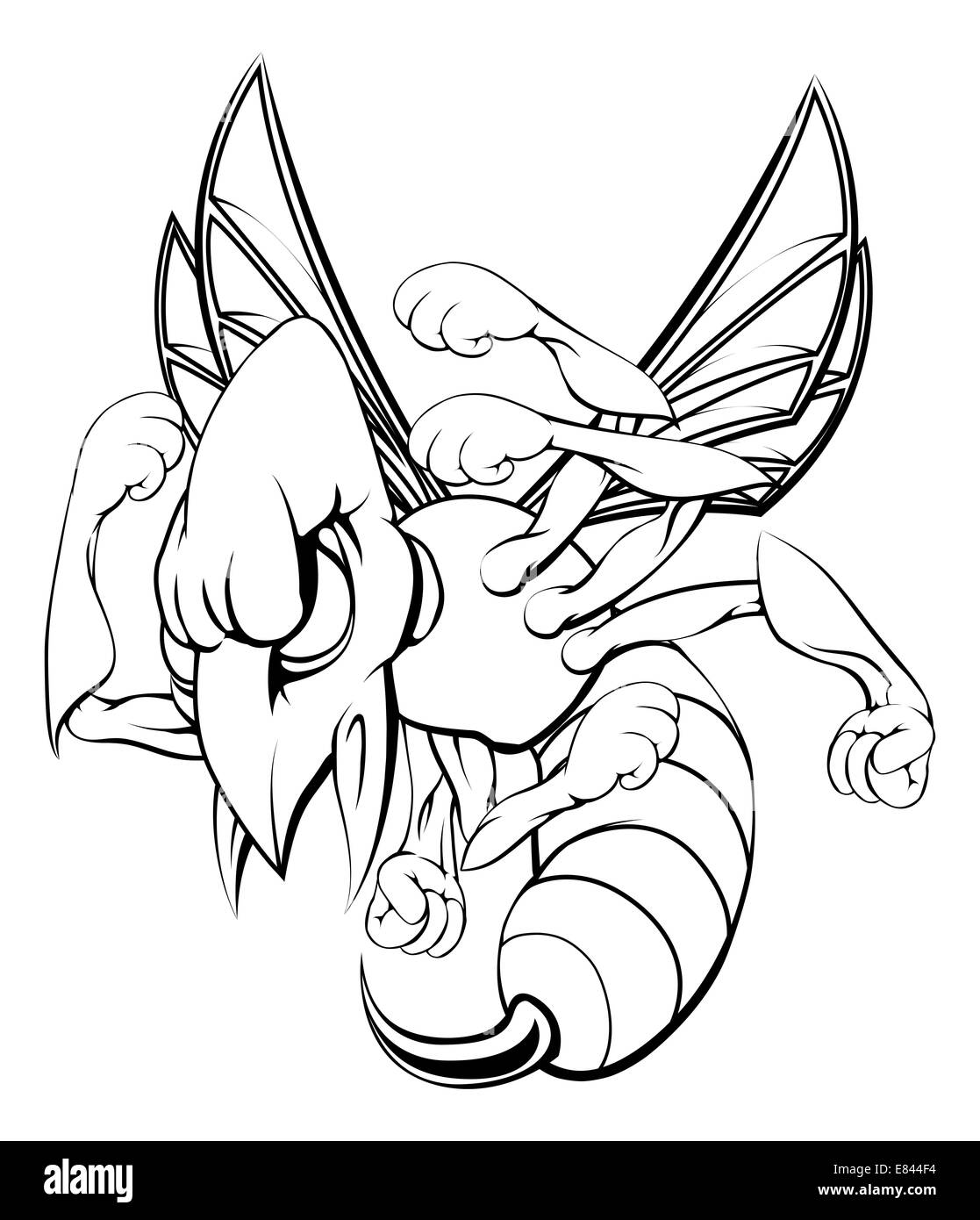 Une illustration en noir et blanc d'une moyenne à la hornet caractère mascotte de guêpes ou d'abeilles Banque D'Images