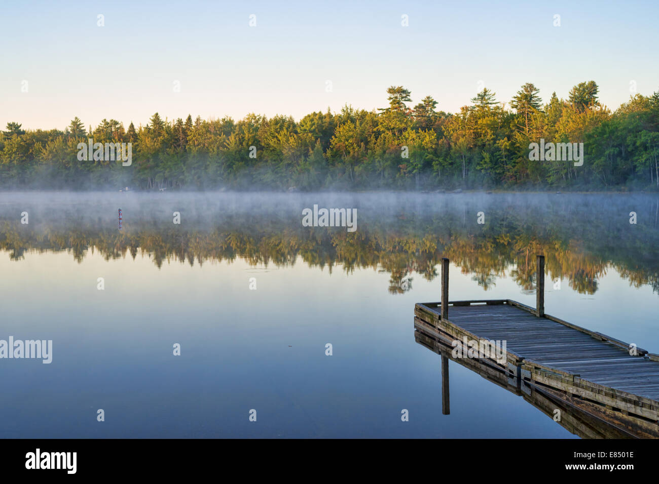 Une brume matinale calme suspendues au-dessus de l'eau avec les arbres d'une forêt et d'un quai à l'avant-plan à l'Étang Toddy, Maine. Banque D'Images