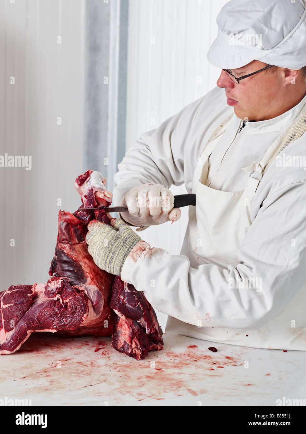 Le boucher coupe la viande d'ours dans la chambre froide Banque D'Images