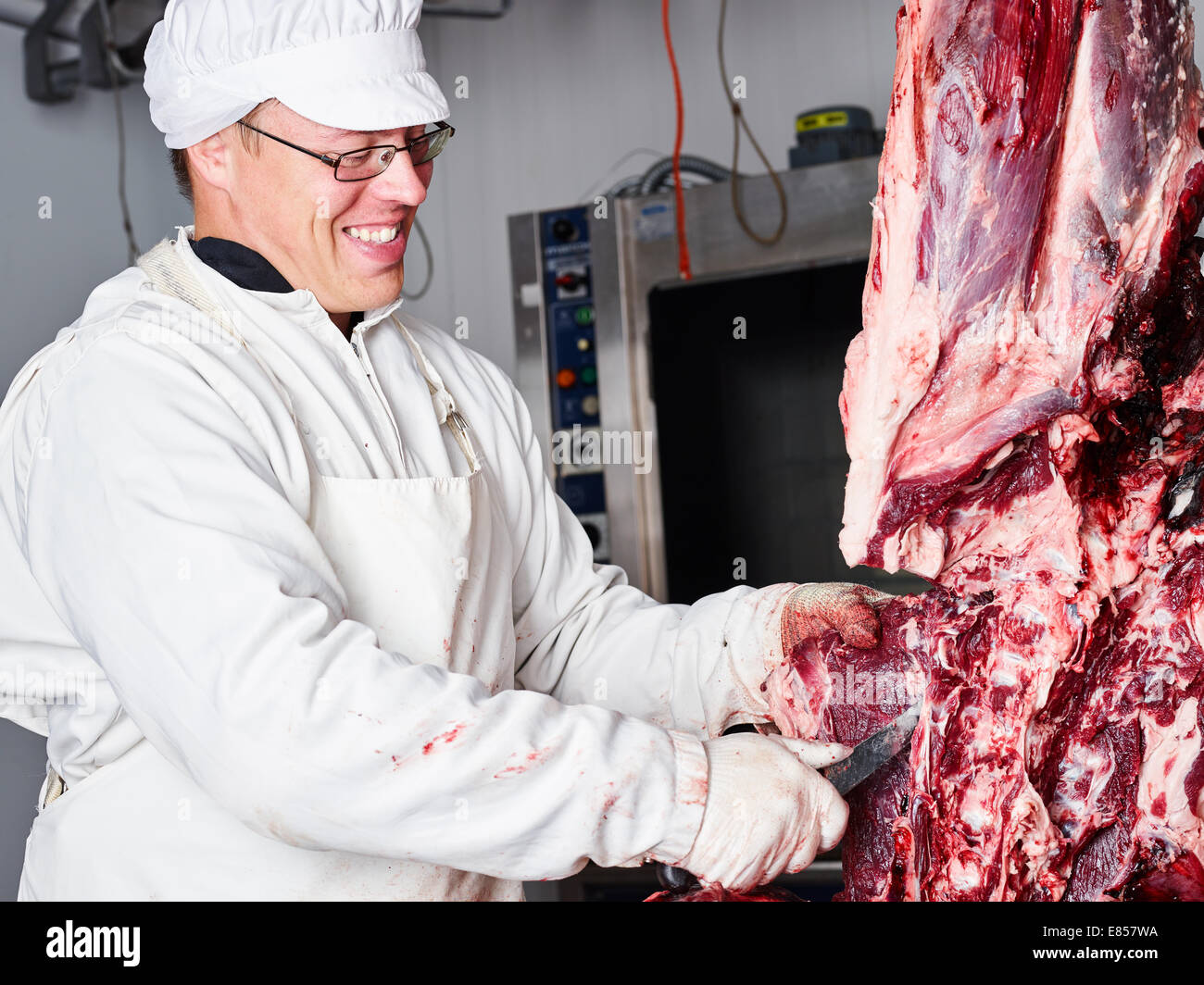 Le boucher coupe la viande d'ours dans la chambre froide Banque D'Images