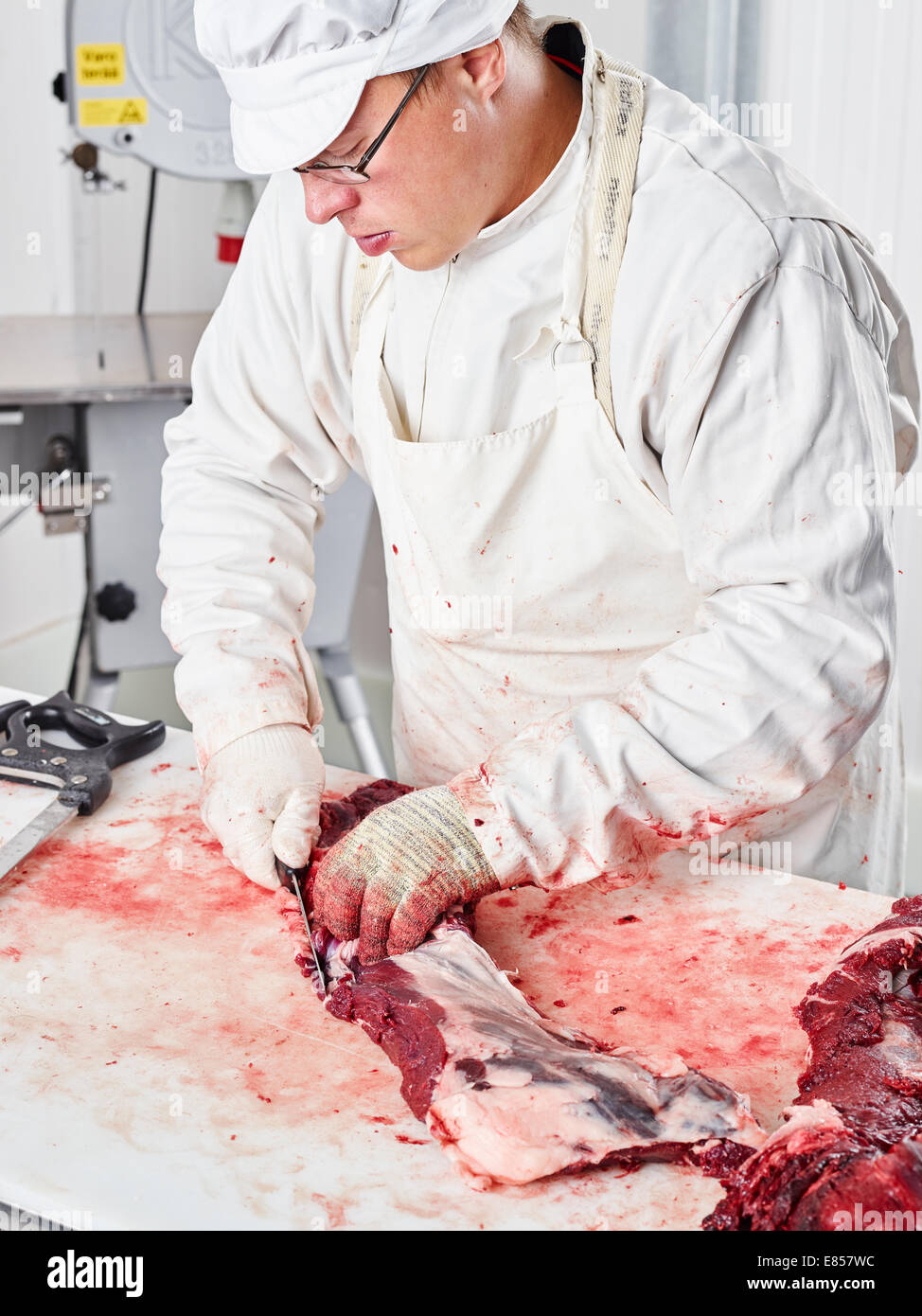 Le boucher coupe la viande d'ours dans la chambre froide Banque D'Images