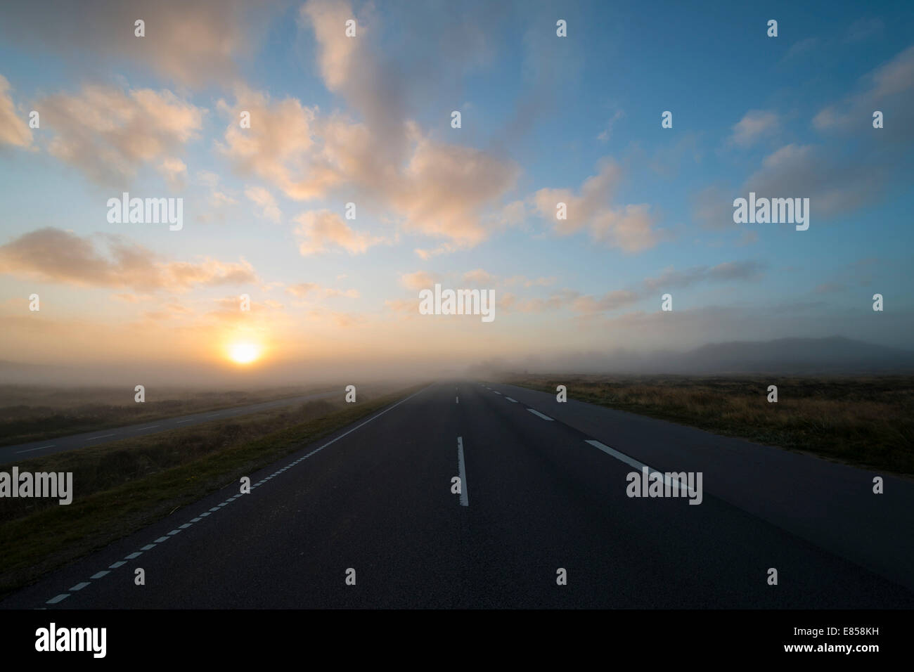 Brouillard sur une route de campagne au lever du soleil, Henne, région du sud du Danemark, Danemark Banque D'Images