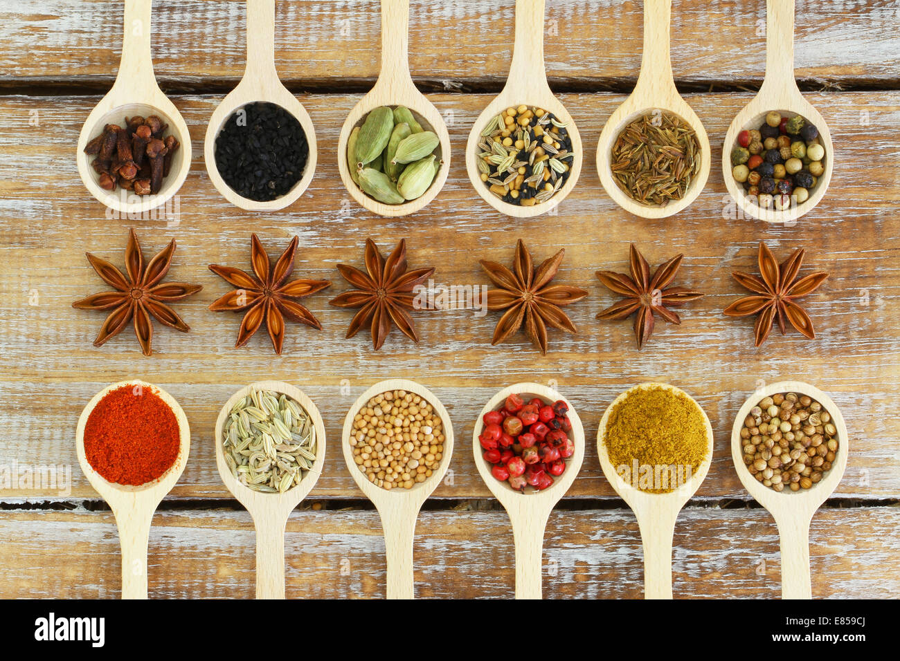 Sélection d'épices indiennes sur des cuillères en bois Banque D'Images