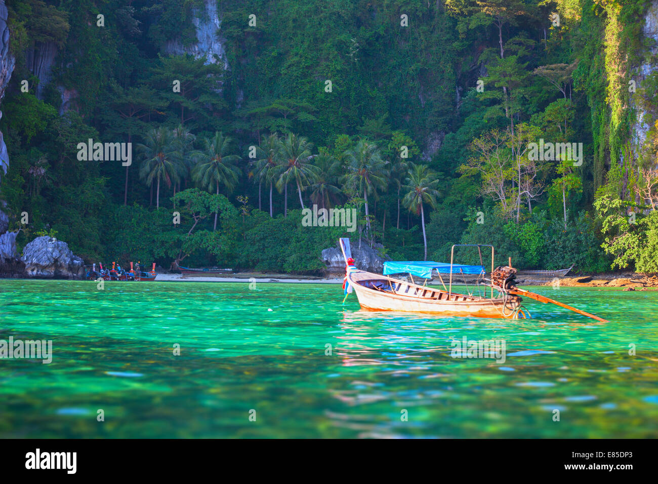 Tropical avec bateau longue queue traditionnel de la Thaïlande, l'île de Phi-Phi. Banque D'Images Tropical avec bateau longue queue traditionnel de la Thaïlande, l'île de Phi-Phi. Banque D'Images