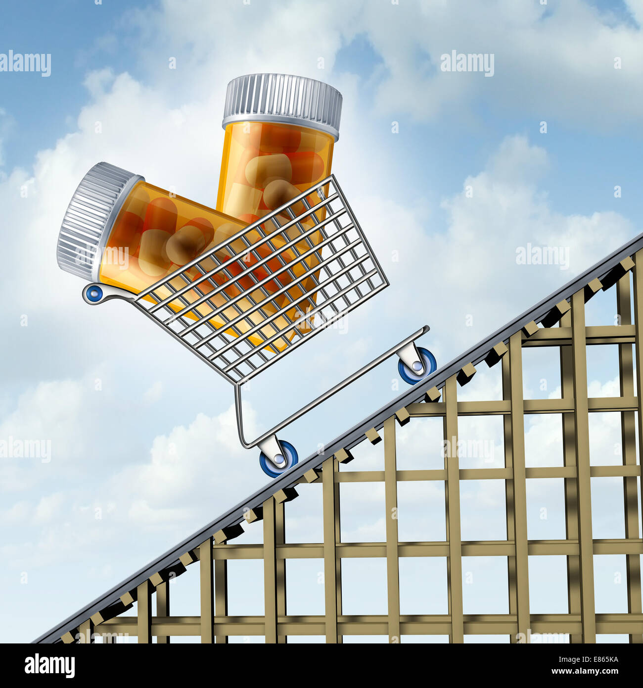 La hausse des coûts de la médecine et de l'augmentation des prix de l'assurance-médicaments de prescription en bouteilles de pilules dans un panier sur un roller coaster track monter comme un symbole de la hausse des frais médicaux ou pharmaceutiques prce stock. Banque D'Images