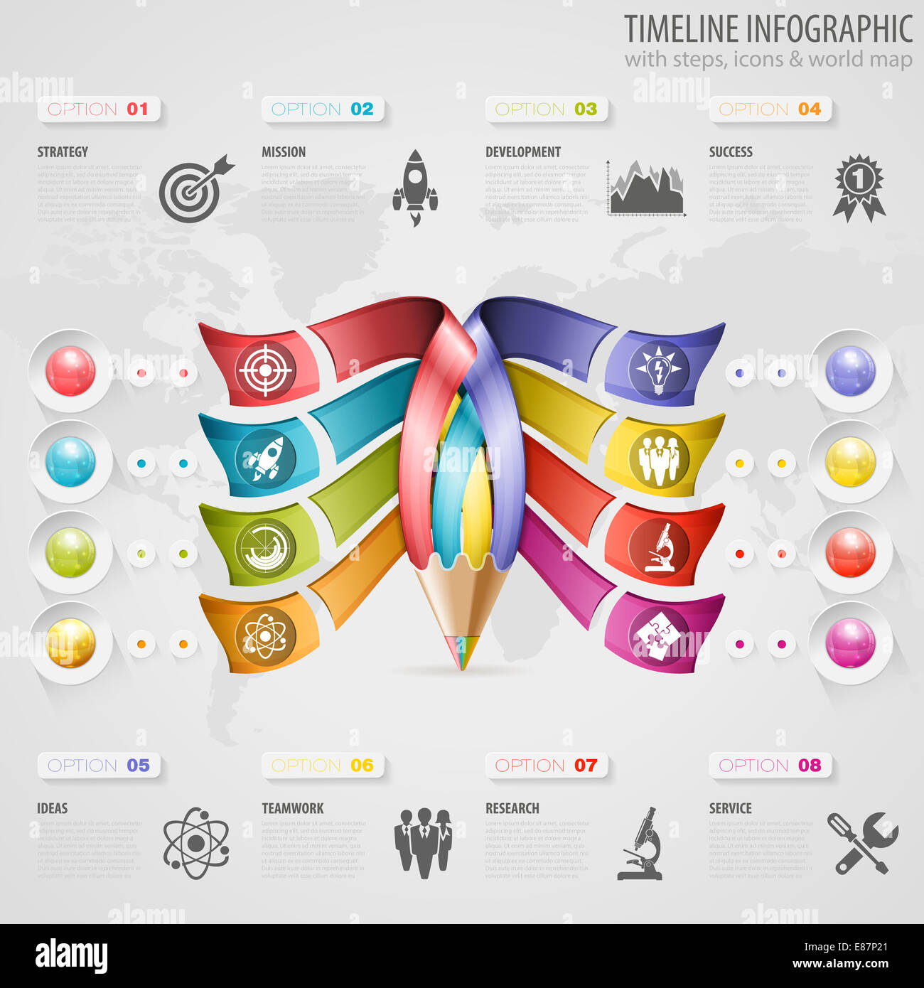 Chronologie d'infographie avec crayon, icônes et le nombre d'options. Template Banque D'Images