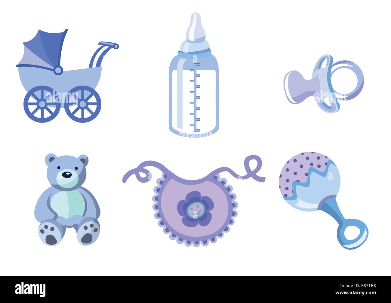Vector illustration d'icônes de bébé. Comprend le transport, bouteille, ours, bavoir, Attache-tétine et de cliquetis. Illustration de Vecteur