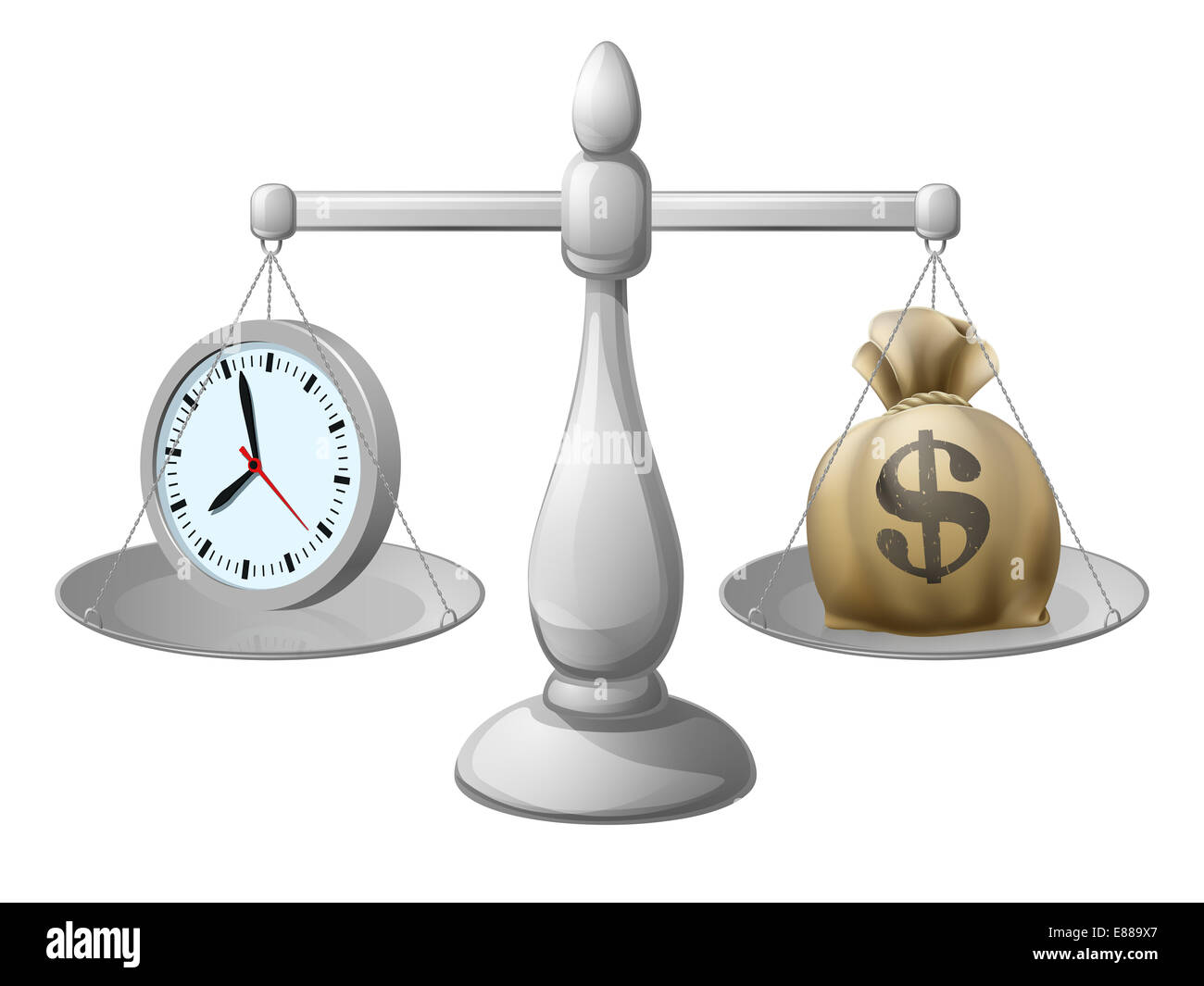 Le temps est argent business concept avec une horloge d'un côté et un sac d'argent sur l'autre. Pourrait également être un concept de vie au travail bala Banque D'Images