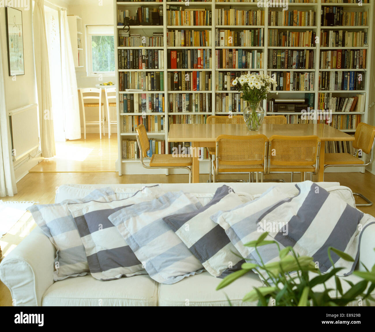 Coussins à rayures bleu sur blanc canapé dans country living et salle à manger avec mur d'étagères Banque D'Images