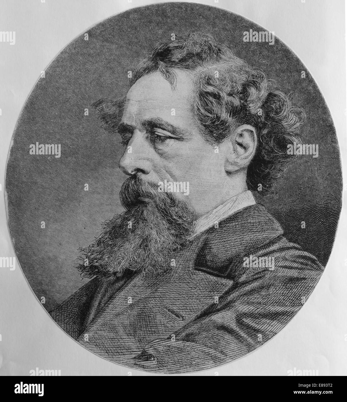 Charles Dickens (1812-1870). Écrivain et critique sociale. Portrait. Gravure publiée en espagnol. Banque D'Images