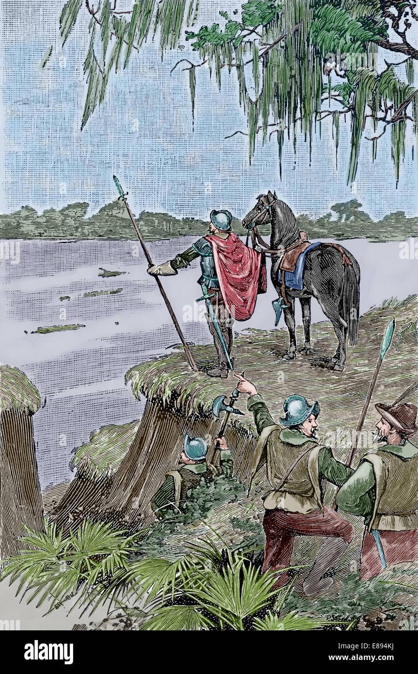 Hernando de Soto (1496-1542) la découverte de la rivière Mississippi, 21 mai 1541. La gravure. Plus tard la couleur. Banque D'Images