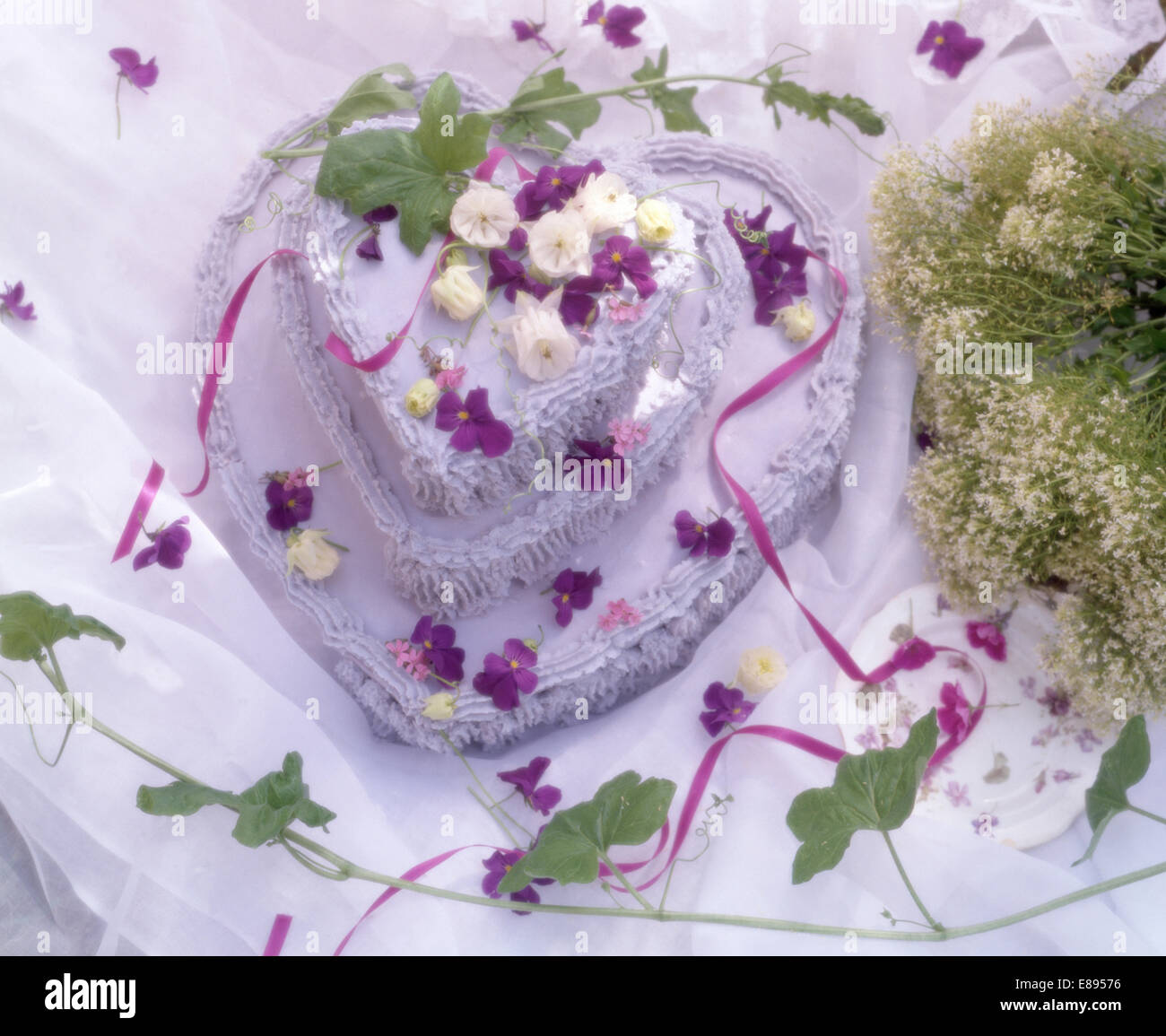 Still-Life de Saint Valentin en forme de coeur violet violette gâteau décoré avec Banque D'Images