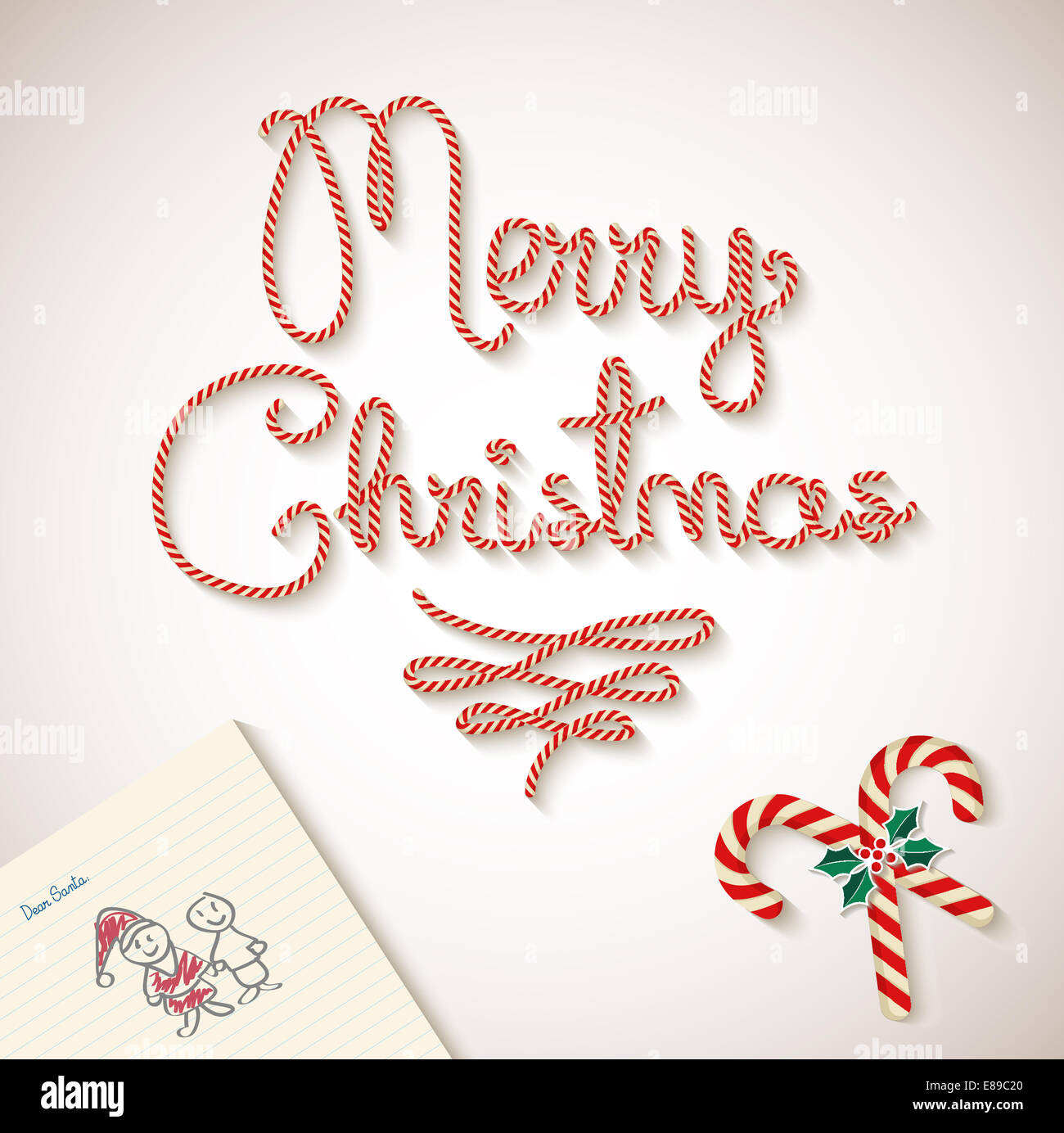 Noël arrière-plan avec canne de Noël Cher Père Noël et les enfants lettre composition. Fichier vectoriel EPS10 organisé en couches pour facile Banque D'Images