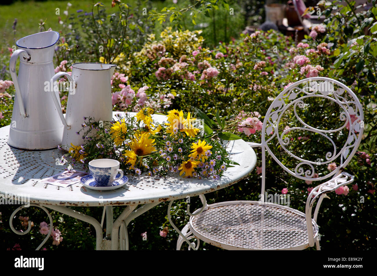 Les cruches en émail blanc et jaune marguerites sur table de jardin en métal blanc avec blanc chaise en métal Banque D'Images