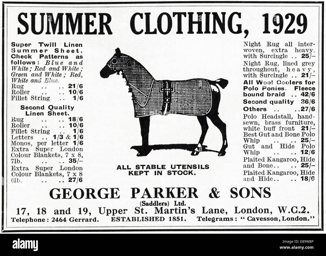 1920 publicité pour les vêtements d'été équine par George Parker & Sons (Saddlers) Ltd de Londres dans le magazine anglais daté du 1er juin Banque D'Images