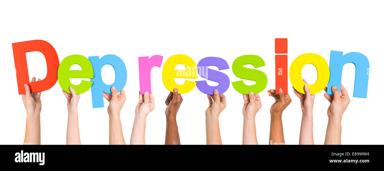 Bras levés multiethnique Dépression Texte Holding Banque D'Images